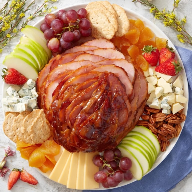 A beautifully arranged Glazed Ham board, perfect for a party, with a sweet and savory appeal.