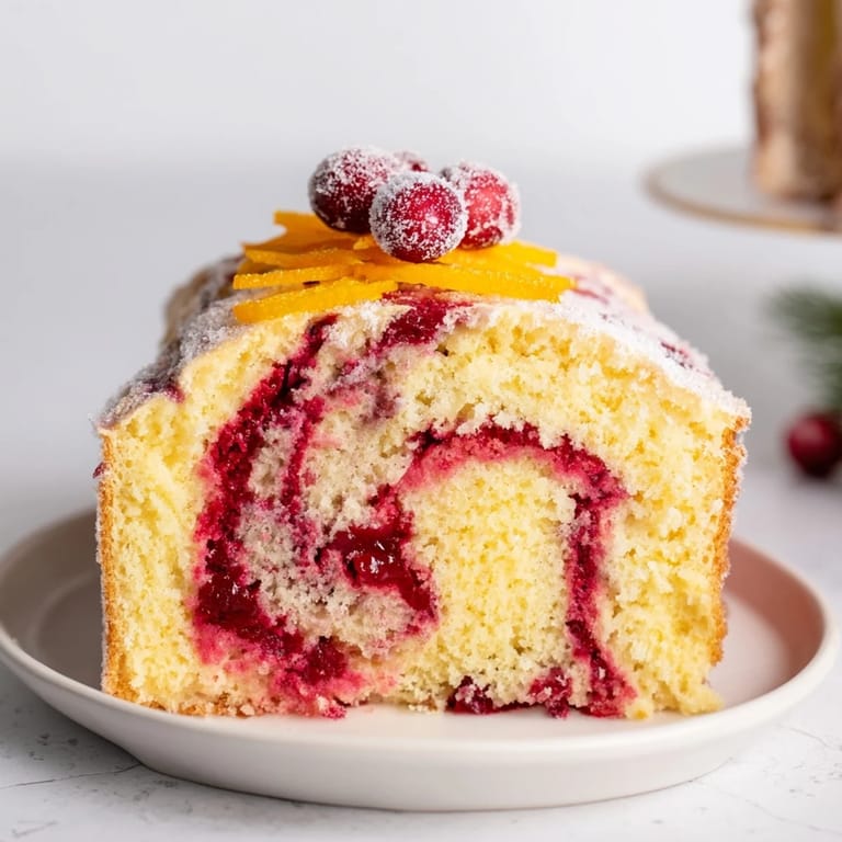 The fluffy Cranberry Orange Swirl cake, swirled with cranberry and offering sweet citrus aroma.