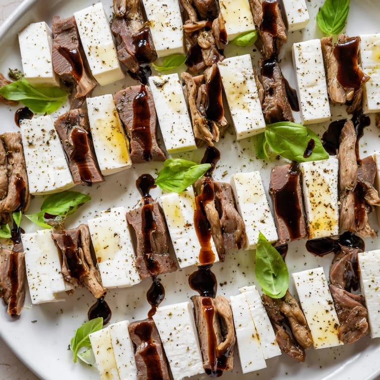 Close-up of The Safari Stripes: a party platter with beautiful balsamic glaze and fresh basil garnish.