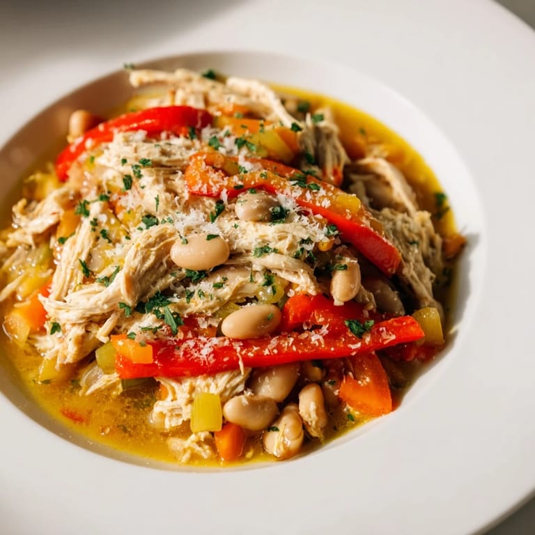 Savor the aroma of this White Bean and Roasted Red Pepper Chicken, garnished with fresh parsley.