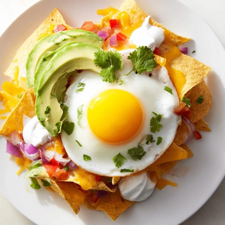 Warm, melty cheddar and Monterey Jack blanket these egg-topped breakfast nachos with vibrant veggies and a sunny-side-up egg.