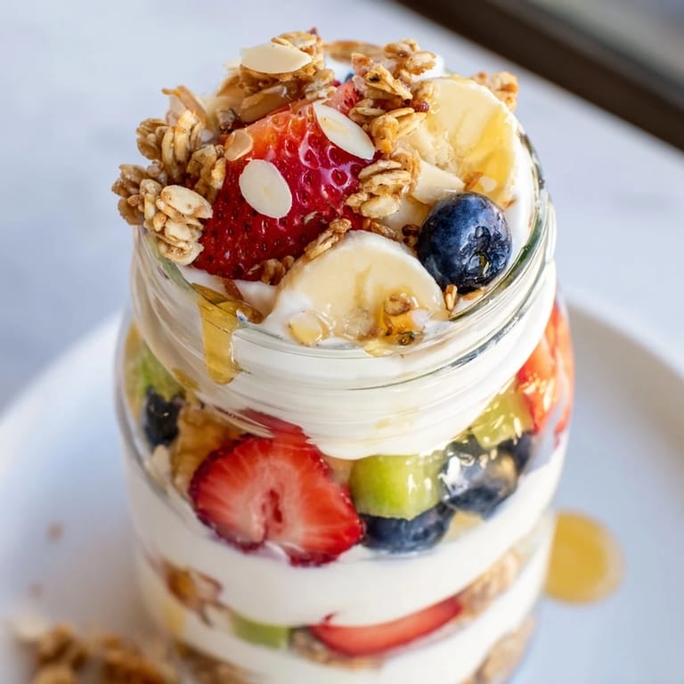 A visually appealing Layered Yogurt Fruit Parfait showcasing creamy yogurt and colorful, ripe fruit, ready to eat.