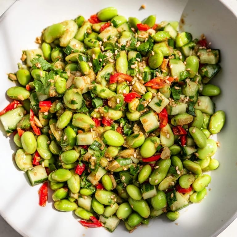 Chilled edamame salad featuring brightly colored vegetables and a flavorful Asian-inspired dressing.