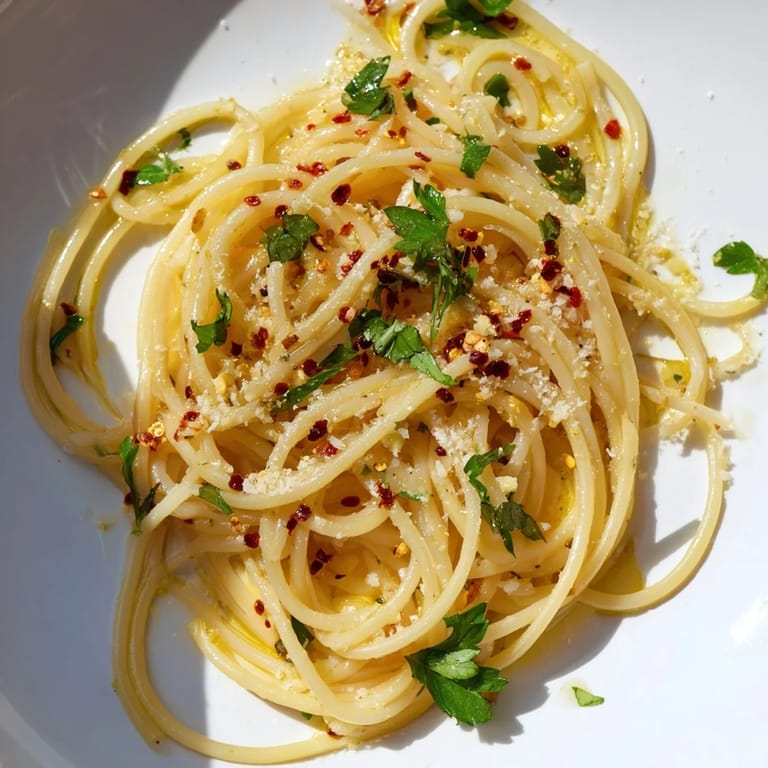 Quick and easy Aglio e Olio express pasta: perfectly cooked spaghetti glistening with chili-infused olive oil.