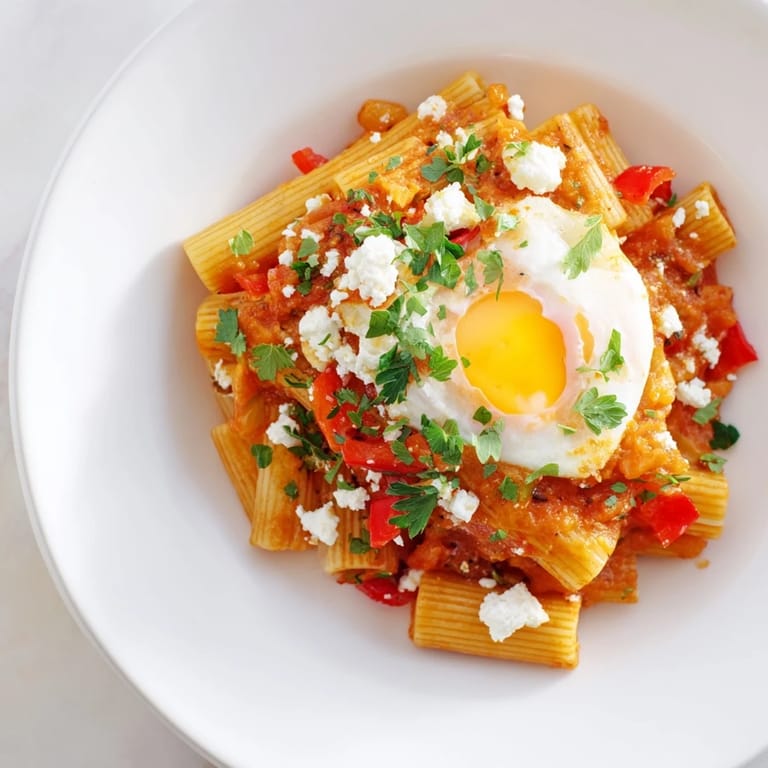 Spicy Quick Shakshuka Pasta dish, showcasing runny egg yolks nestled in savory sauce, ready to eat.