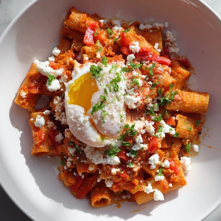 Hearty and quick Quick Shakshuka Pasta, creamy sauce covering tender pasta topped with fresh herbs.