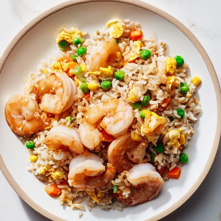 Savory shrimp fried rice recipe, showcasing perfectly cooked shrimp and colorful veggies, ready to eat.