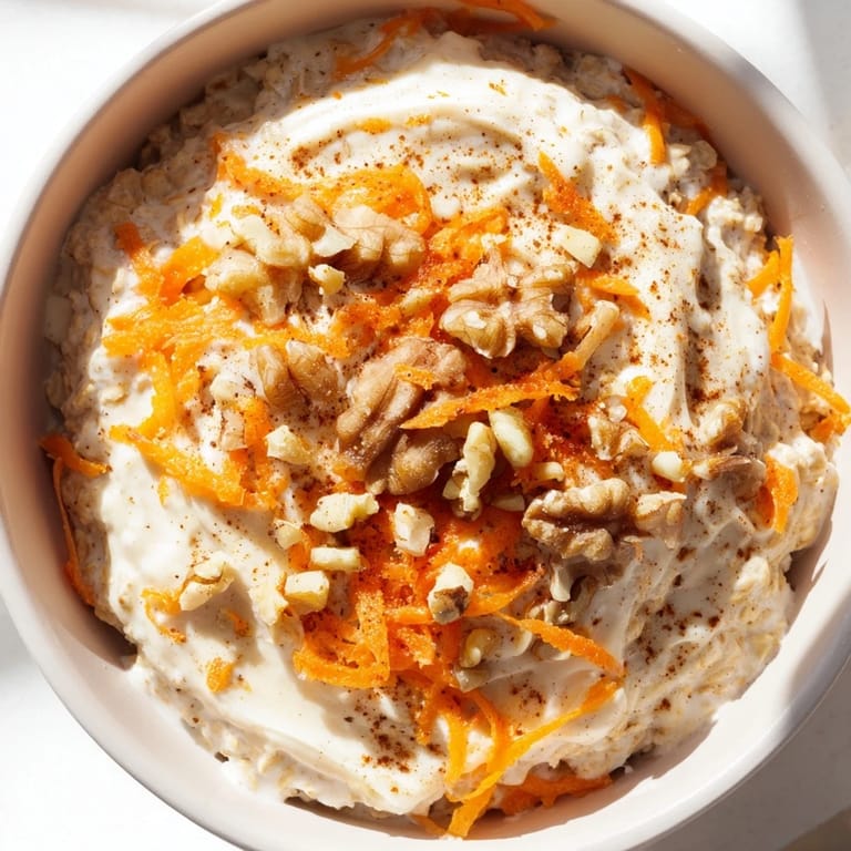 Enjoy a healthy serving of Carrot Cake Overnight Oats, the image showing a perfect make-ahead breakfast.
