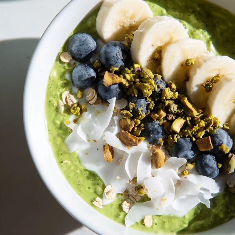 A close-up of a jar filled with vibrant green matcha overnight oats, ready to eat.