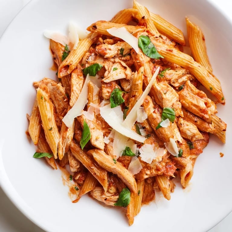 This Creamy Tomato Basil Chicken Pasta showcases golden chicken slices glistening in a rich, creamy tomato sauce.
