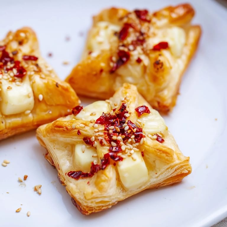 Savory and sweet: Close-up of baked Chili Crisp Honey Brie Bites with visible flaky pastry and rich cheese.