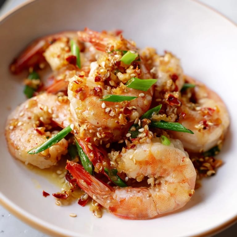 Close-up of vibrant Korean garlic butter shrimp, perfectly cooked, a tempting pescatarian dish.