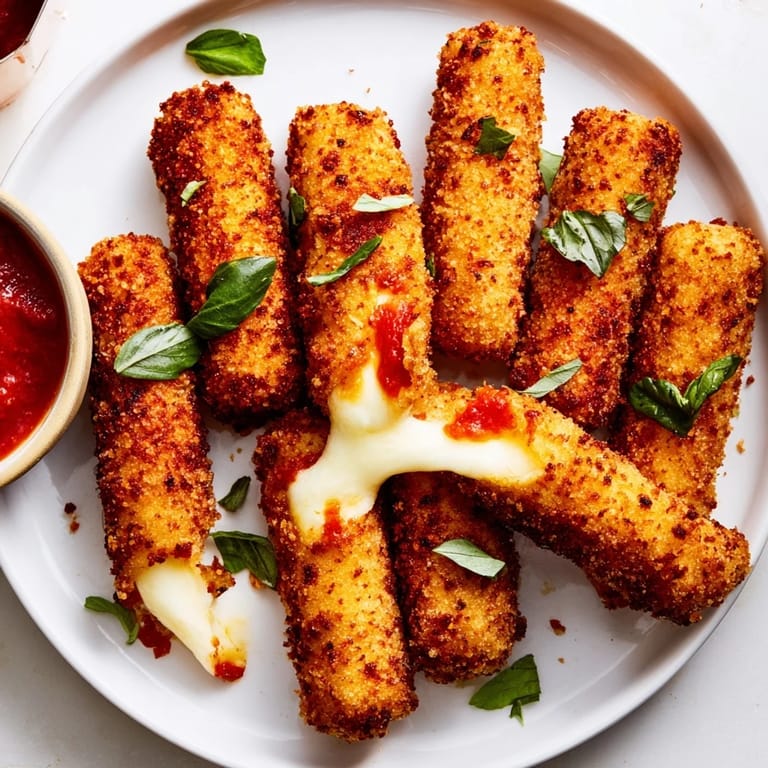 Melting cheese oozing from perfectly cooked air fryer mozzarella sticks, ready for a quick snack.