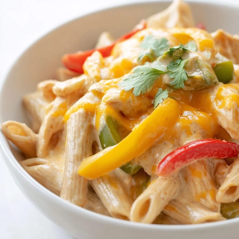 Close-up of Chicken Fajita Pasta Skillet with gooey cheese, fresh cilantro, and a lime wedge for garnish.