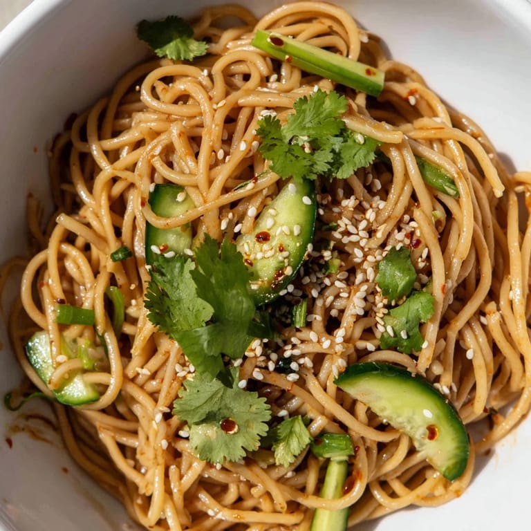A vibrant Spicy Sesame Noodle Salad served in a white bowl, topped with toasted sesame seeds and chopped peanuts.  