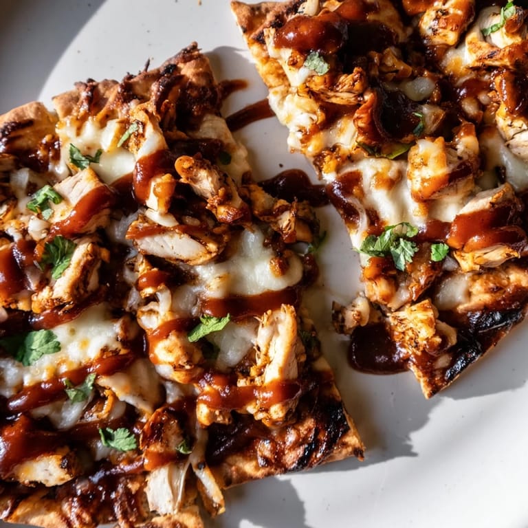 Perfect for weeknights, a baked BBQ chicken flatbread with grilled chicken, red onion, and extra BBQ drizzle.