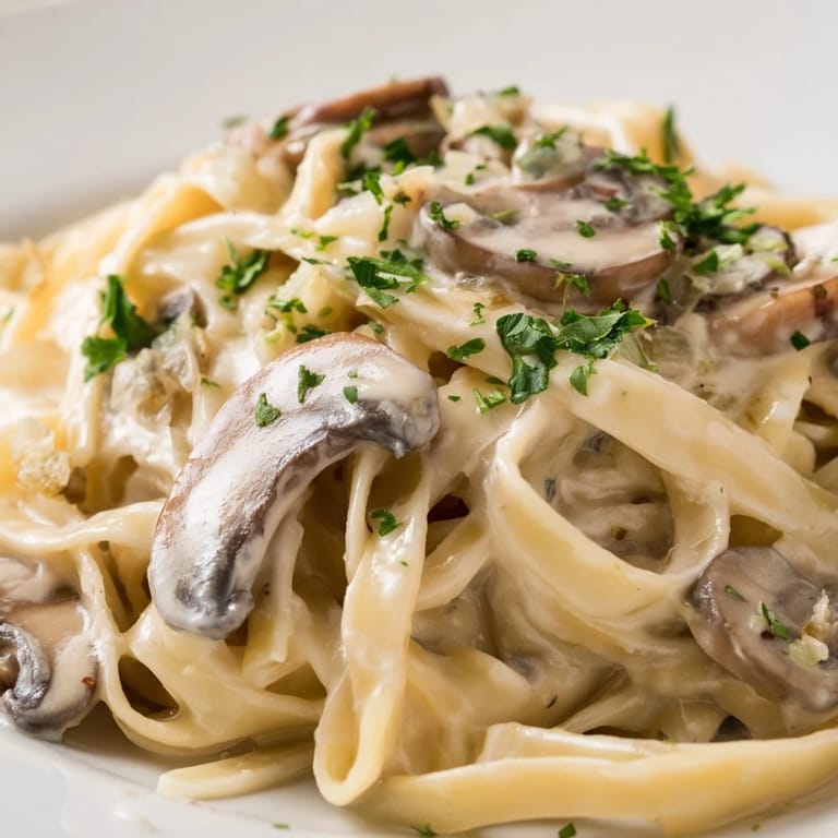 A bowl of Creamy Mushroom Alfredo pasta garnished with fresh parsley and grated Parmesan cheese.