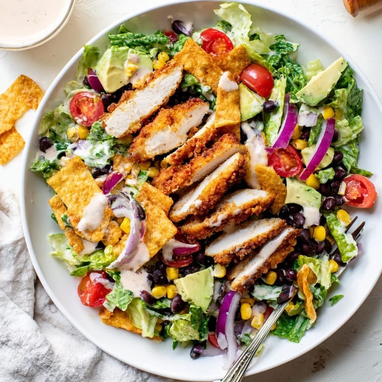 Served in a rustic bowl, the Crispy Chicken Taco Salad features spiced chicken, fresh veggies, and a colorful Tex-Mex flair.