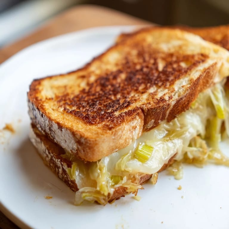 Savory Havarti & Caramelized Leek Grilled Cheese pairs perfectly with a creamy bowl of tomato soup for lunch.