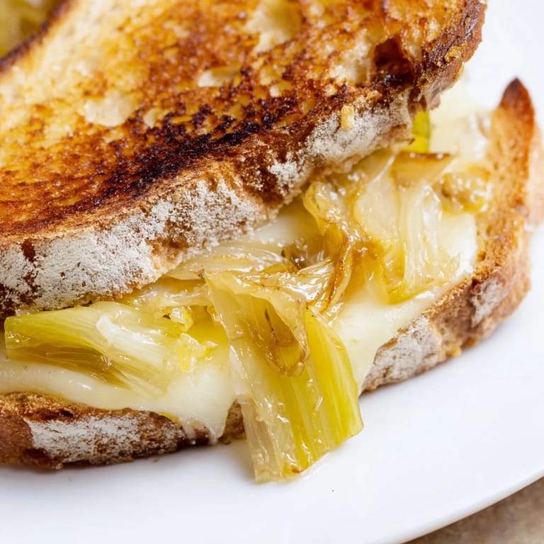 Freshly grilled Havarti & Caramelized Leek Grilled Cheese showcases buttery bread oozing with cheese and savory onions.