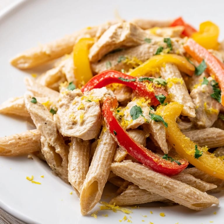 Serve Creamy Cajun Chicken Pasta Lite hot from the skillet, with lemon zest and Parmesan highlighting the dish’s bold Cajun flavors.