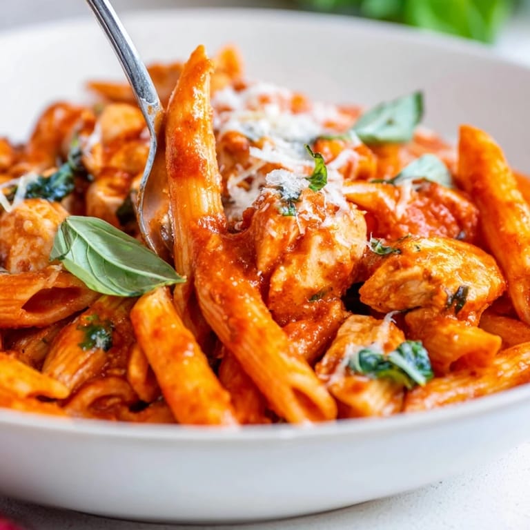 A close-up view of fork-twisted Tomato Basil Chicken Pasta, scattered fresh basil leaves, and melty Parmesan on top.