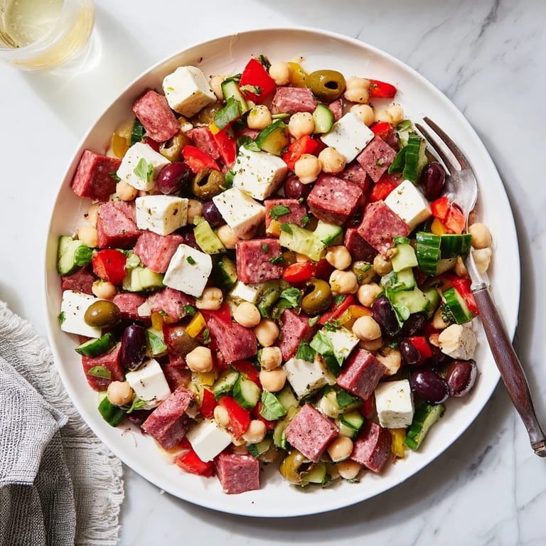 A colorful, gluten-free Italian-American salad bowl filled with chickpeas, crunchy peppers, olives, and pepperoncini for a satisfying appetizer.