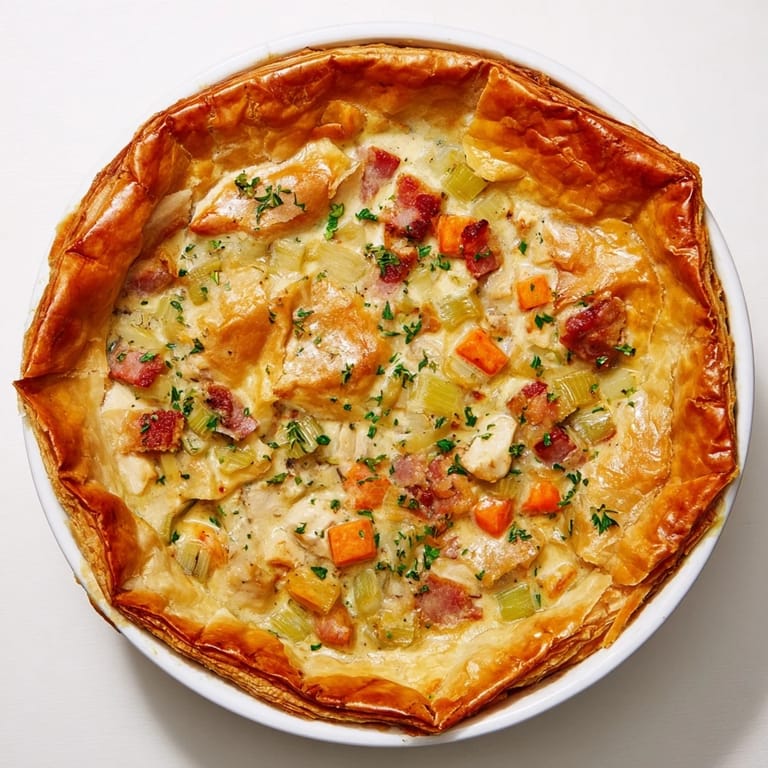 Close-up of a freshly baked Chicken and Leek Pie, showcasing the golden puff pastry crust and savory filling of leeks, chicken, and bacon.