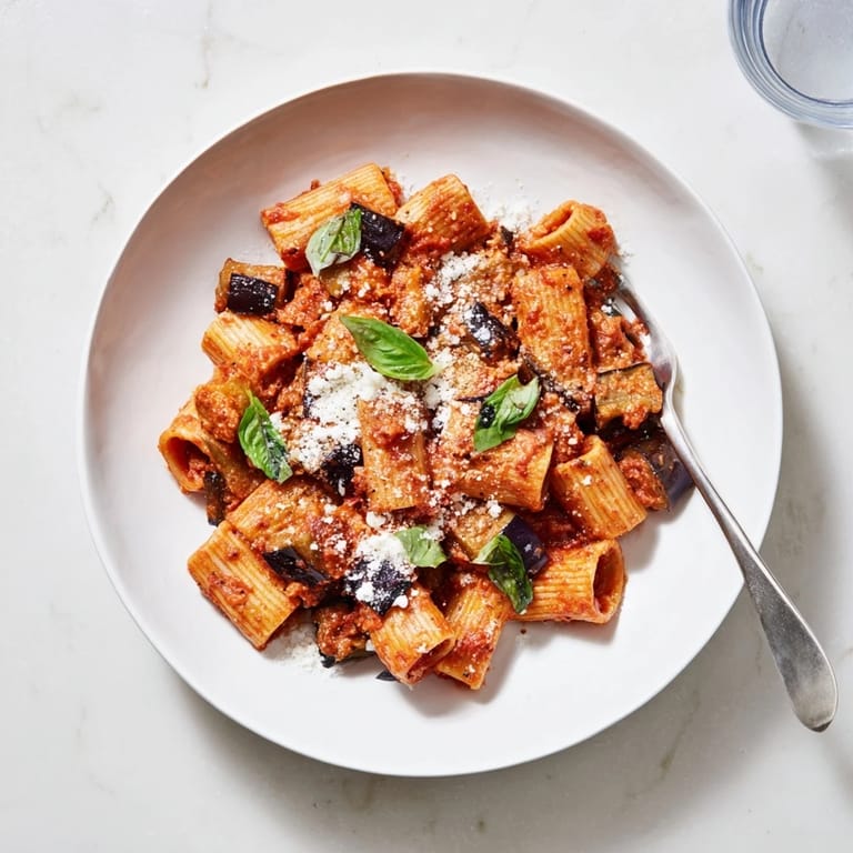 A hearty bowl of vegetarian Pasta Alla Norma features tender eggplant and rich tomato sauce, ready for a Sicilian-inspired dinner.