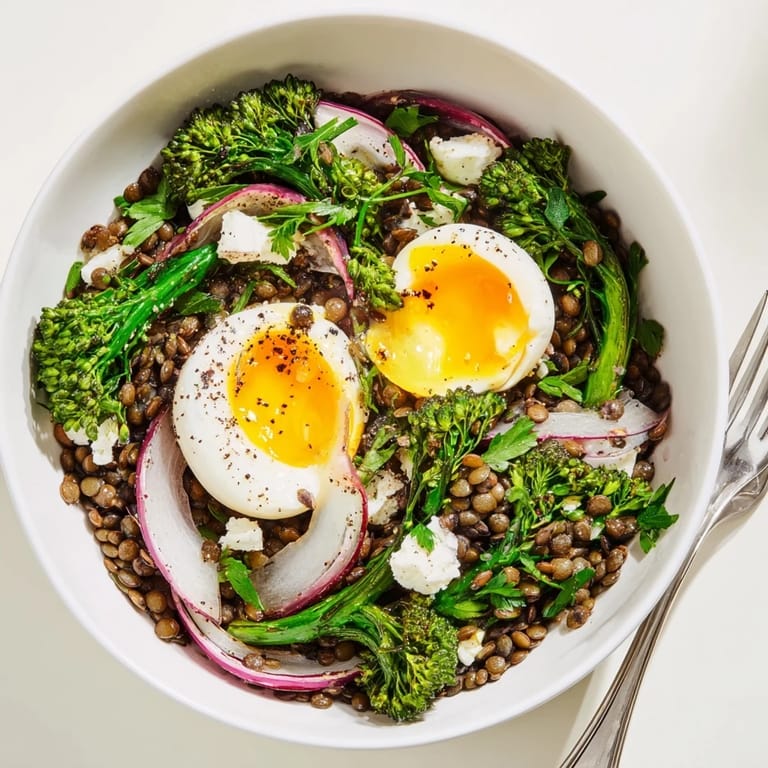 A hearty bowl of French Lentil Salad topped with jammy eggs, fresh parsley, and crumbled goat cheese.