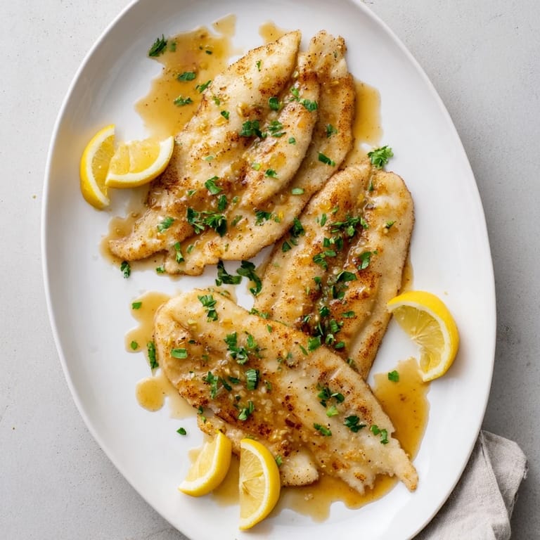 Tender flounder meunière cooked in skillet, finished with nutty brown butter sauce and fresh parsley.