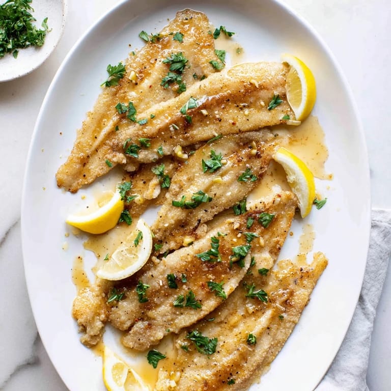Classic French flounder meunière plated with crispy edges, bright lemon, and a rich buttery pan sauce.