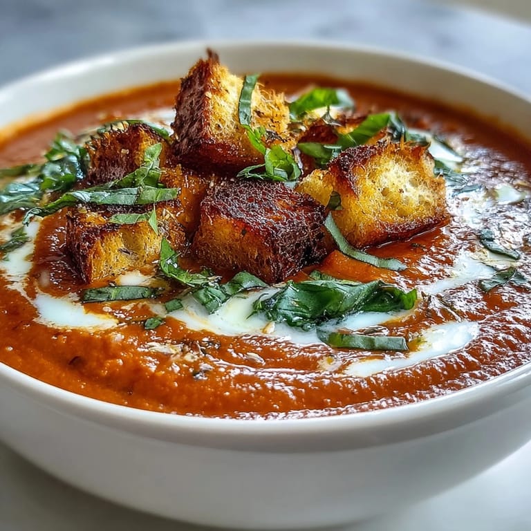 A comforting bowl of Creamy Roasted Tomato Soup paired with toasted bread cubes, perfect for a cozy weeknight meal.