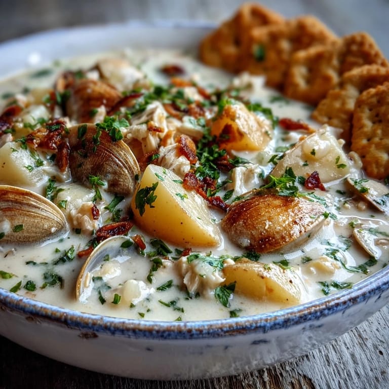 Hearty New England Clam Chowder in a white bowl, featuring salt pork, celery, and fresh parsley garnish.