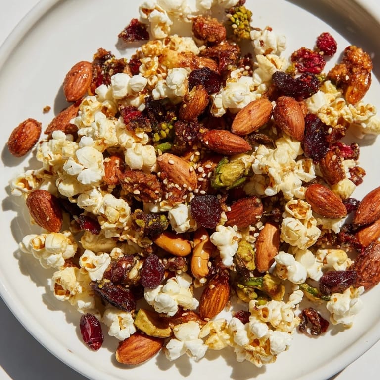 Festive snack mix of savory miso almonds and crunchy sesame popcorn delight.  