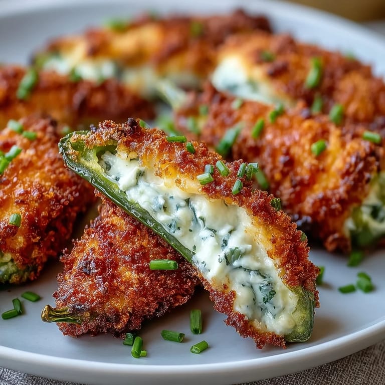 Spicy Air Fryer Jalapeño Poppers stuffed with cheddar and cream cheese, served warm with fresh chives.