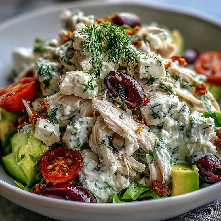Chilled Tzatziki Chicken Salad served over mixed greens, topped with crumbled feta and sliced Kalamata olives.