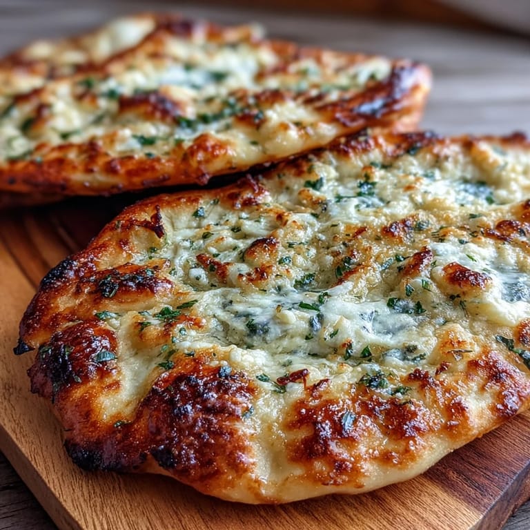 Freshly baked The Best Easy Garlic Naan Bread on a wooden board with garlic butter and herbs.