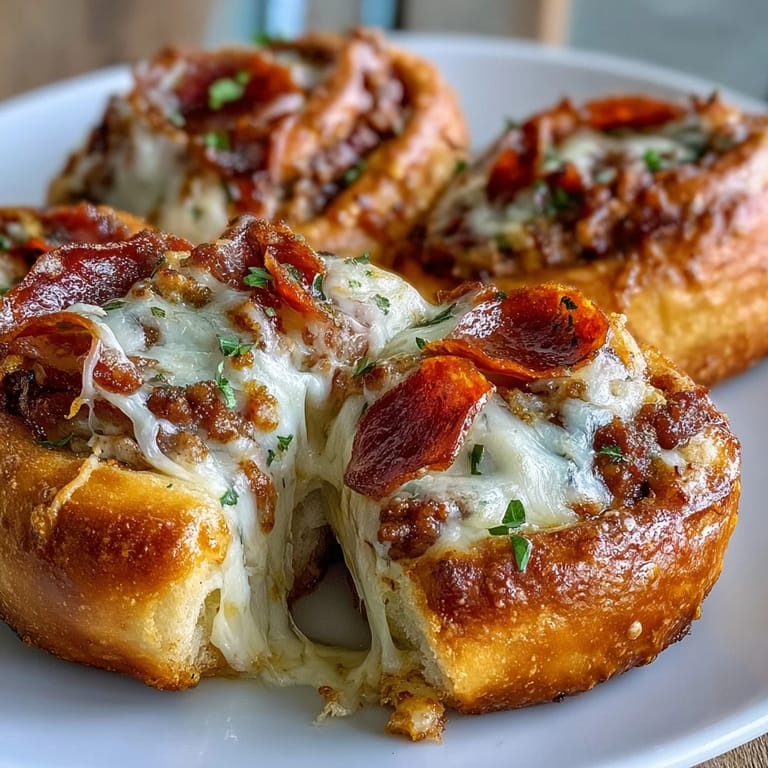 Served warm high protein pepperoni pizza rolls on a white plate, drizzled with extra pizza sauce and a sprinkle of fresh parsley.