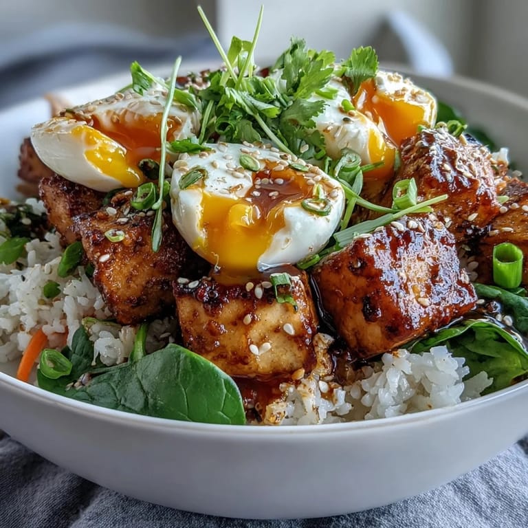 Warm rice topped with crisp vegetables, savory tofu, and bright jammy egg halves in this Tofu Jammy Egg Breakfast Bowl.