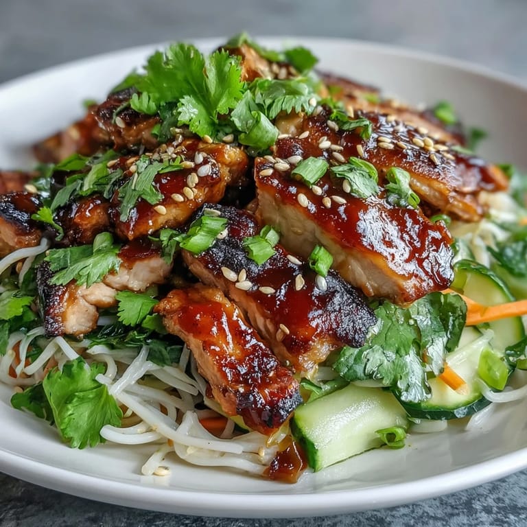 Overhead shot of a colorful Asian Chicken Noodle Bowl with rice noodles, carrots, and bean sprouts.