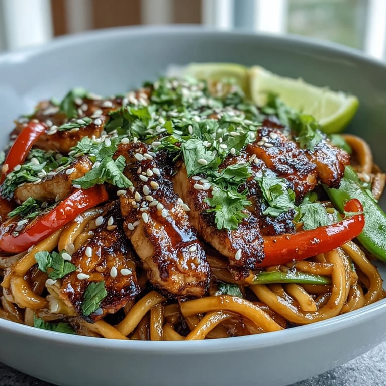 A steaming bowl of Sesame Chicken Noodle Bowl with noodles, chicken, and vibrant peppers on a dark plate.
