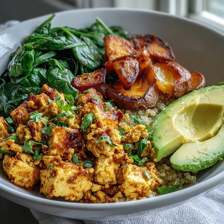 A protein-packed Tofu Scramble Vegan Breakfast Bowl featuring fluffy quinoa, golden roasted sweet potatoes, and creamy avocado slices for a nourishing start.