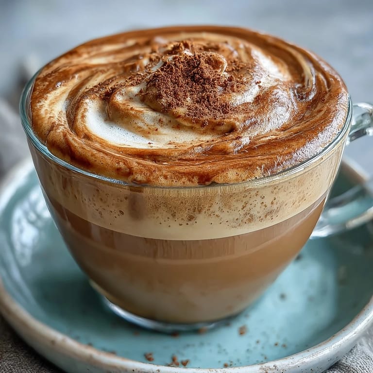 Hojicha Flat White in a glass mug, revealing its warm roasted tea color and creamy milk texture.