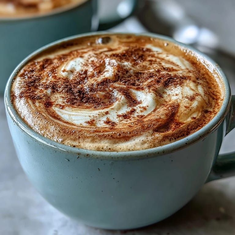 Pouring frothy whole milk into a brewed hojicha cappuccino, creating a layered drink in a clear glass mug.