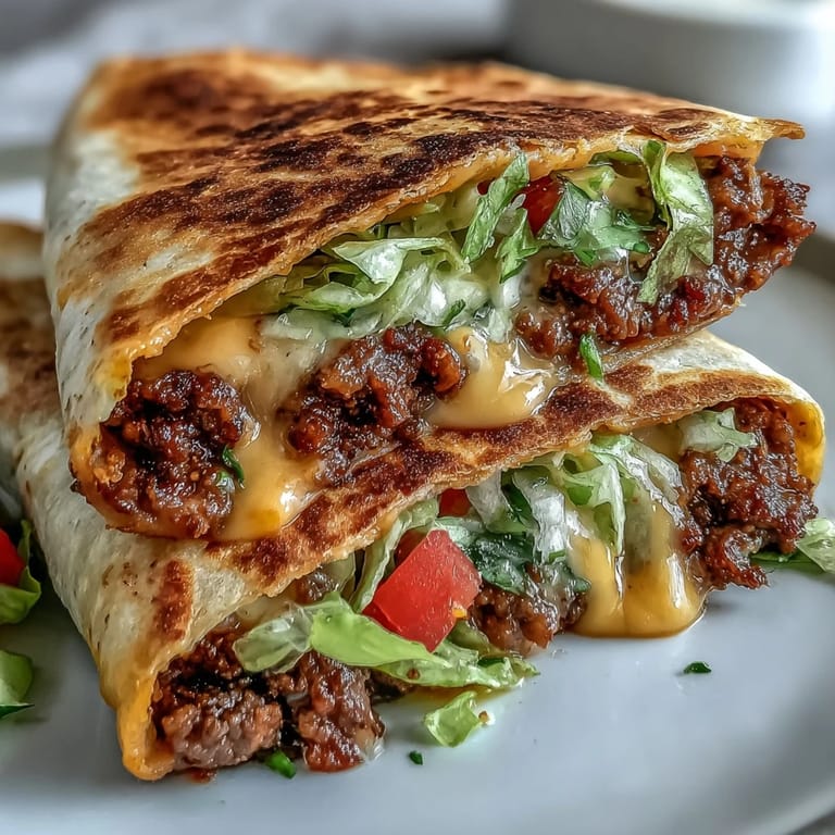 Close-up of a crispy Keto Crunchwrap cut in half, revealing layers of savory beef, gooey cheese, and crunchy lettuce.