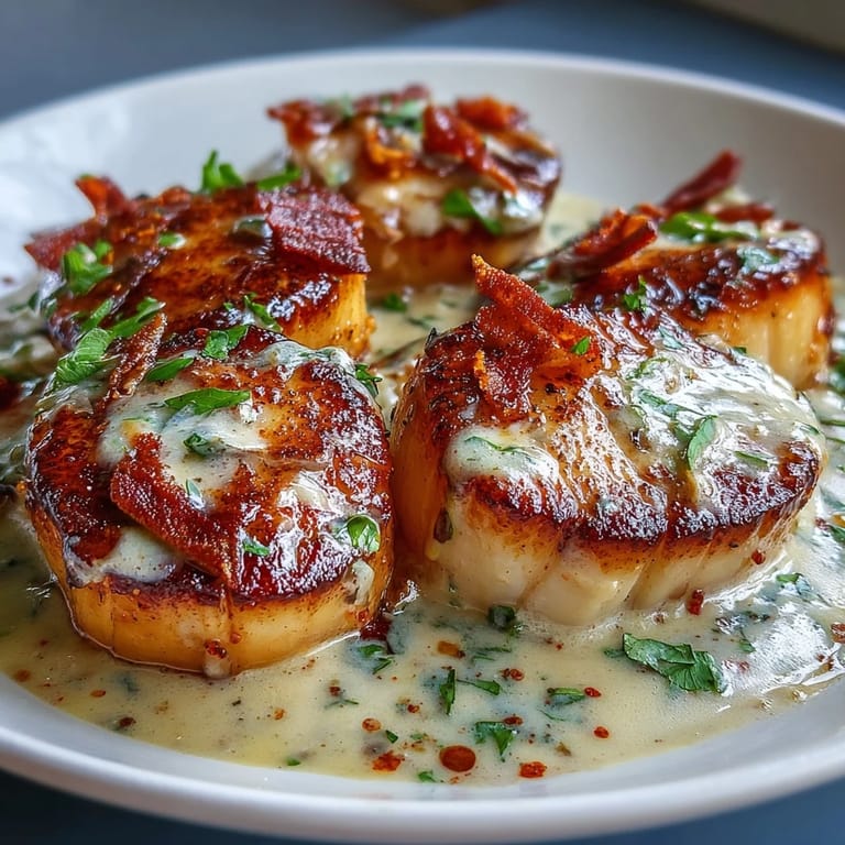 Close-up of seared scallops in a skillet, smothered in bold, spicy Cajun cream sauce with Parmesan.