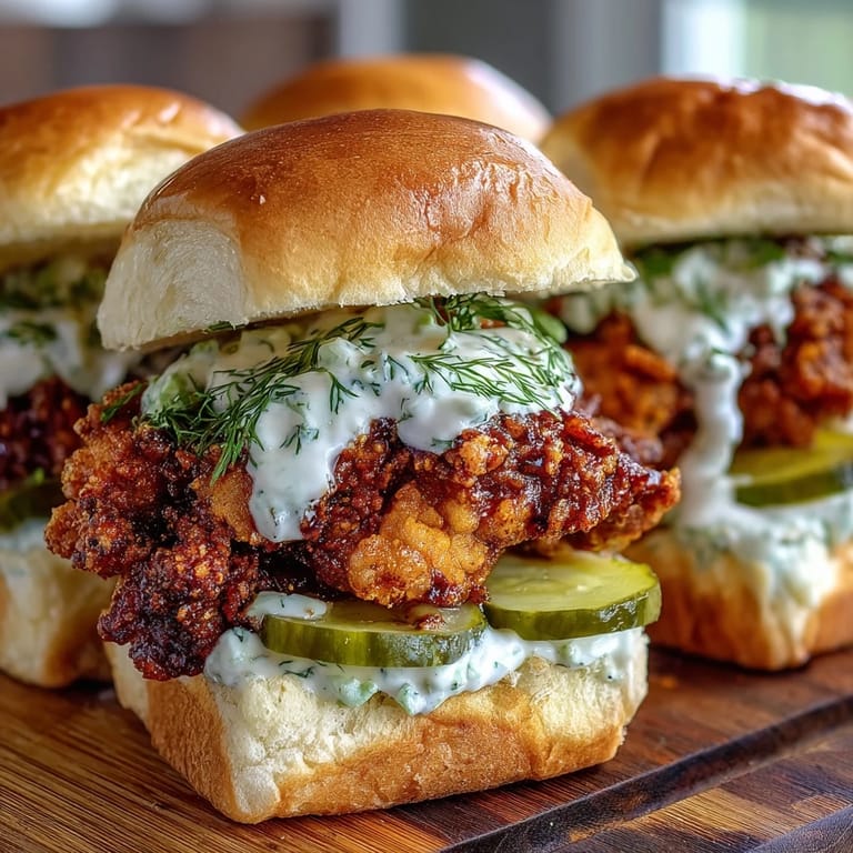 Two Nashville Hot Chicken Sliders are stacked high, layered with crunchy pickles and buttery slider buns.