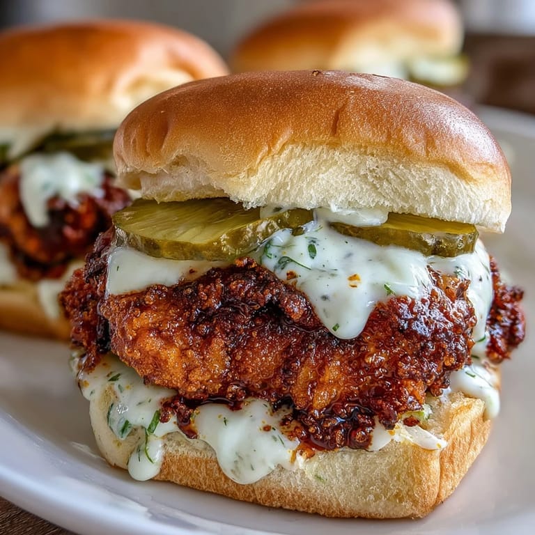 A close-up look at Nashville Hot Chicken Sliders reveals juicy thighs coated in a spicy, red-hued breading.