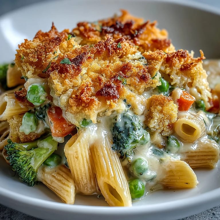 This creamy pasta dish features colorful vegetables like carrots, peas, and corn in a rich, savory sauce, topped with crunchy panko crumbs.